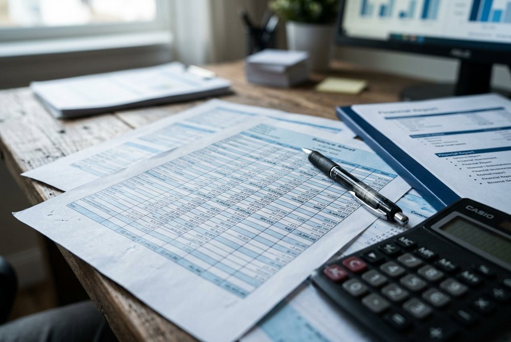 Documentos financeiros e caneta sobre uma secretária